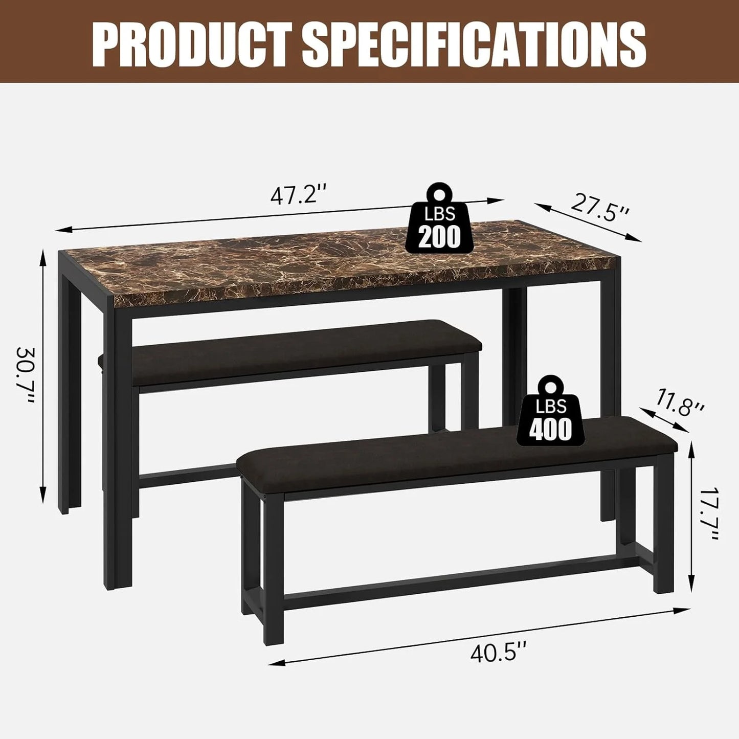 LTTROMAT Dining Table Set for 4, Faux Marble Kitchen Table Set with 2 PU Leather Benches, Breakfast Nook Set for Small Spaces, 3 Piece Farmhouse Dining Room Table Set, Rustic Brown