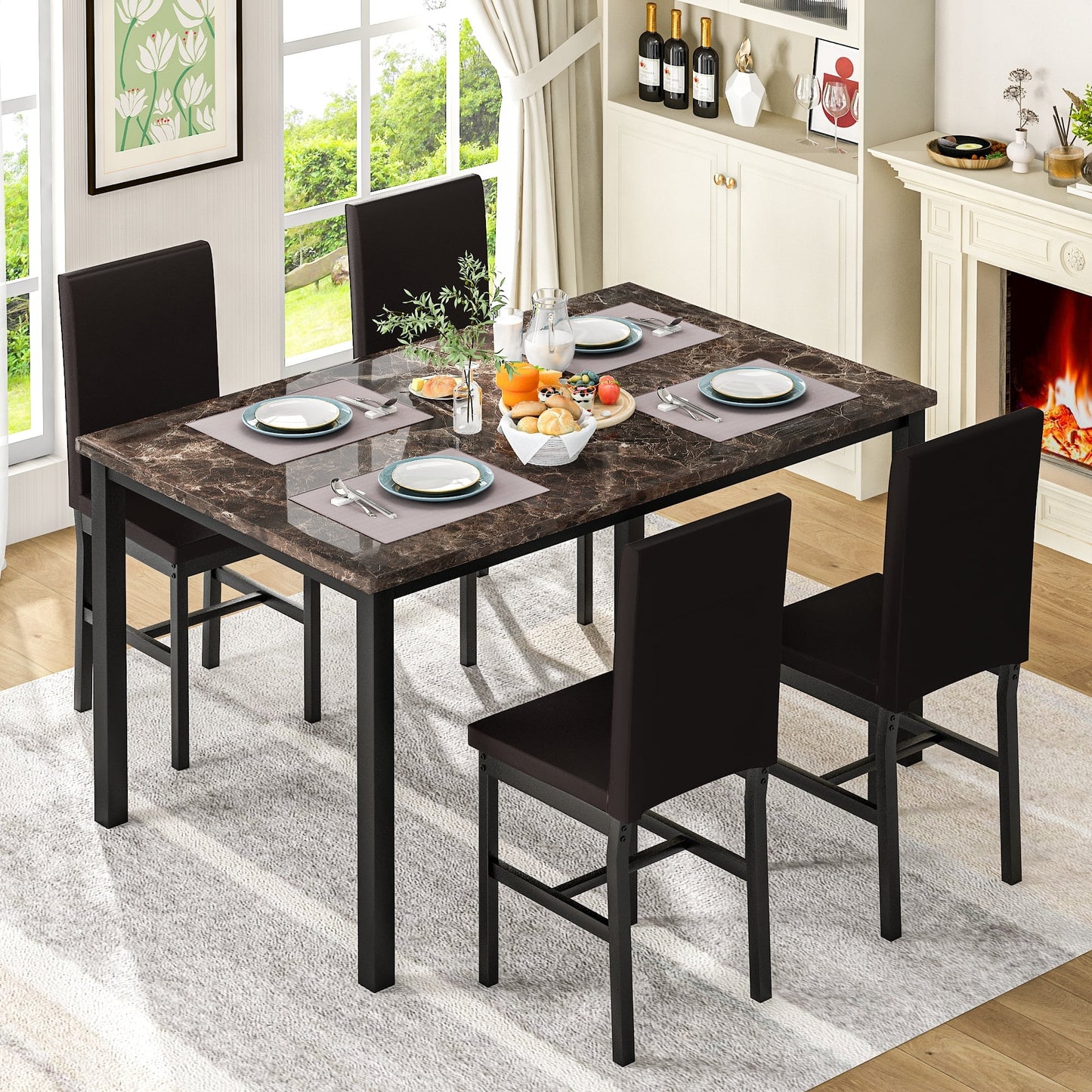 LTTROMAT 5 Piece Dining Table Set, Modern Faux Marble Tabletop and 4 PU Leather Upholstered Chairs, Small Dining Set for Bar Dining Room Breakfast Nook, Brown