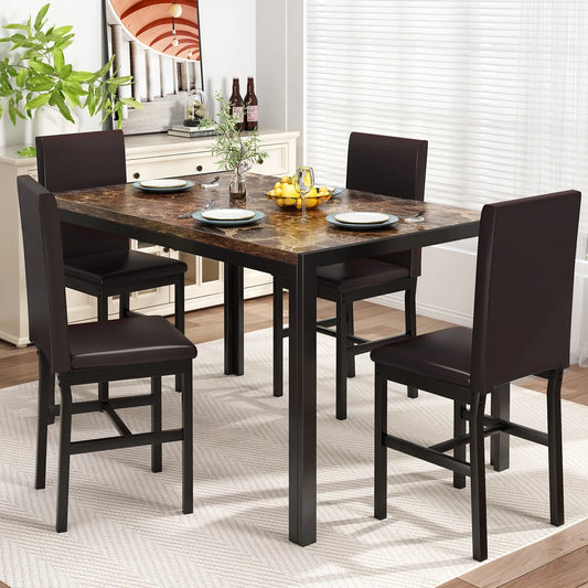 LTTROMAT 5 Piece Dining Table Set, Modern Faux Marble Tabletop and 4 PU Leather Upholstered Chairs, Small Dining Set for Bar Dining Room Breakfast Nook, Brown