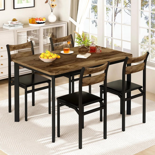 LTTROMAT Dining Table Sets for 4, Dining Room Table with 4 PU Leather Upholstered Chairs, Modern Wood Kitchen Table and Chairs Set, Square Dinette Sets for Breakfast Nook, Brown
