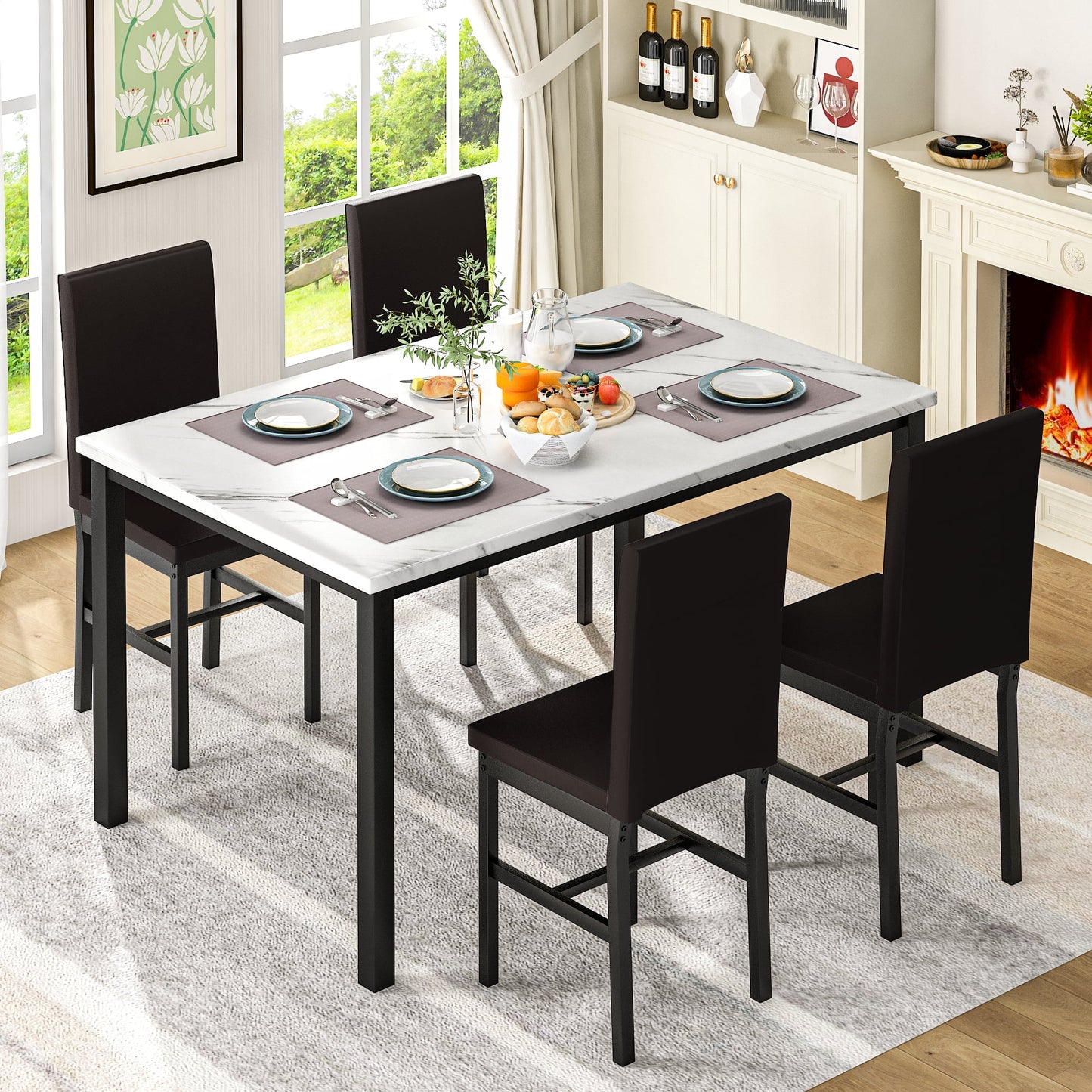 LTTROMAT 5 Piece Dining Table Set, Modern Faux Marble Tabletop and 4 PU Leather Upholstered Chairs, Small Dining Set for Bar Dining Room Breakfast Nook, Brown