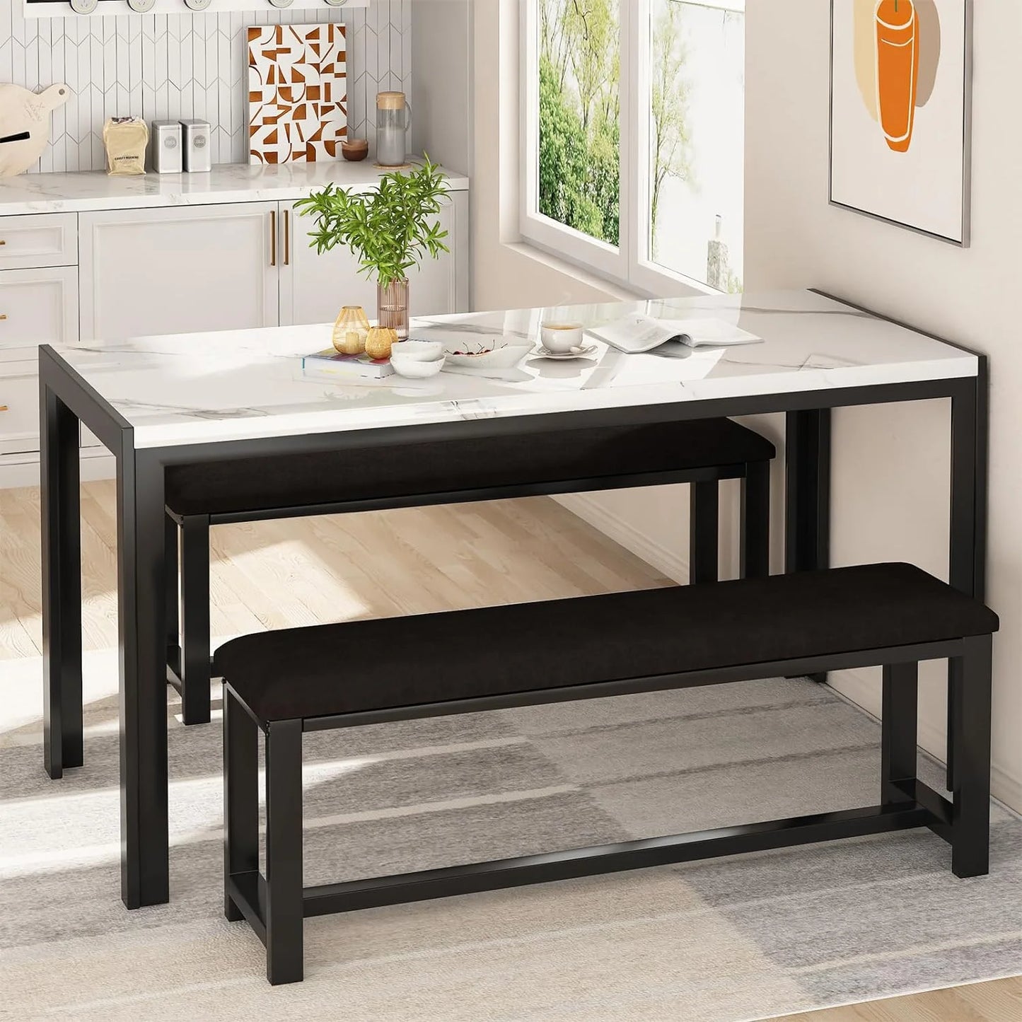 LTTROMAT Dining Table Set for 4, Faux Marble Kitchen Table Set with 2 PU Leather Benches, Breakfast Nook Set for Small Spaces, 3 Piece Farmhouse Dining Room Table Set, Rustic Brown