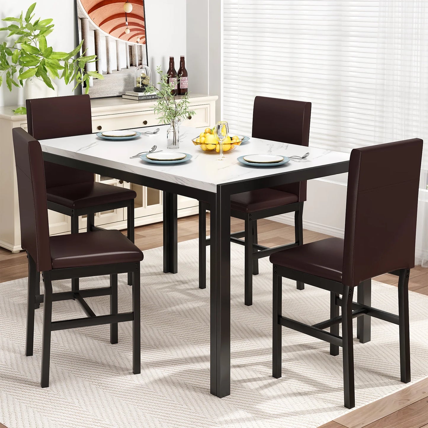 LTTROMAT 5 Piece Dining Table Set, Modern Faux Marble Tabletop and 4 PU Leather Upholstered Chairs, Small Dining Set for Bar Dining Room Breakfast Nook, Brown