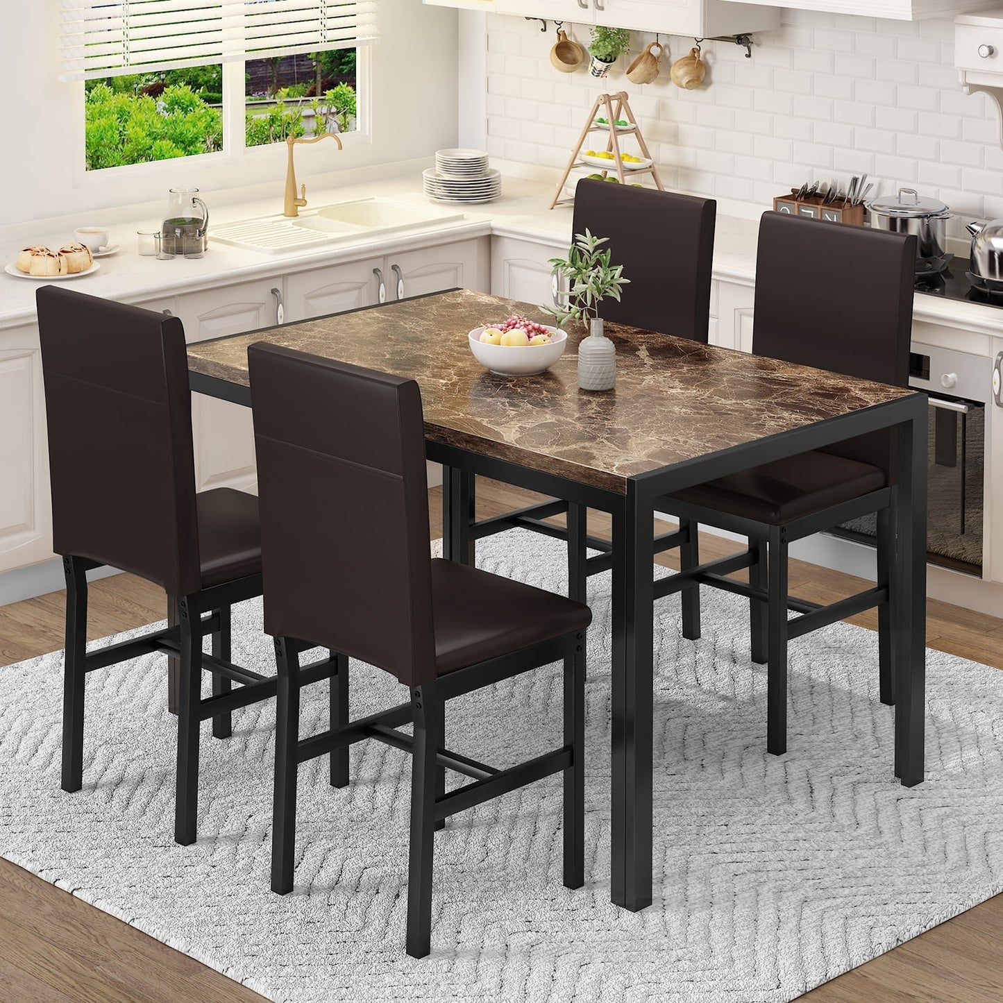 LTTROMAT 5 Piece Dining Table Set, Modern Faux Marble Tabletop and 4 PU Leather Upholstered Chairs, Small Dining Set for Bar Dining Room Breakfast Nook, Brown
