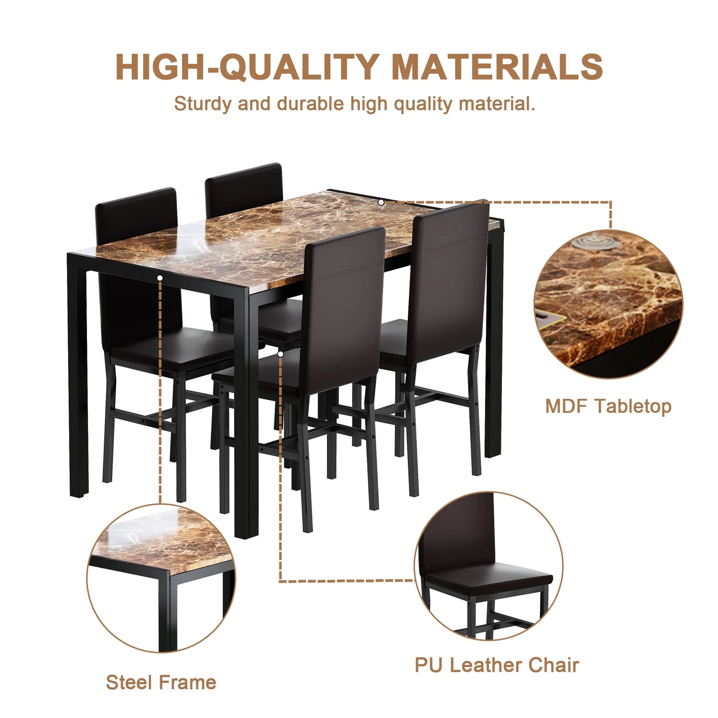 LTTROMAT 5 Piece Dining Table Set, Modern Faux Marble Tabletop and 4 PU Leather Upholstered Chairs, Small Dining Set for Bar Dining Room Breakfast Nook, Brown