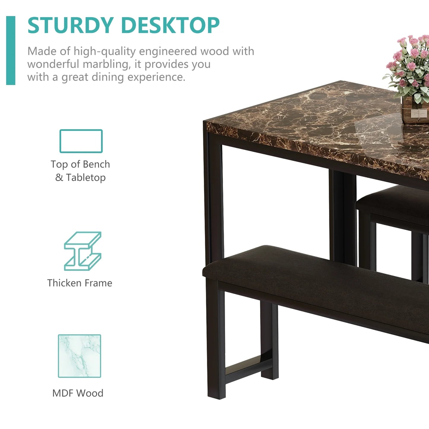 LTTROMAT Dining Table Set for 4, Faux Marble Kitchen Table Set with 2 PU Leather Benches, Breakfast Nook Set for Small Spaces, 3 Piece Farmhouse Dining Room Table Set, Rustic Brown