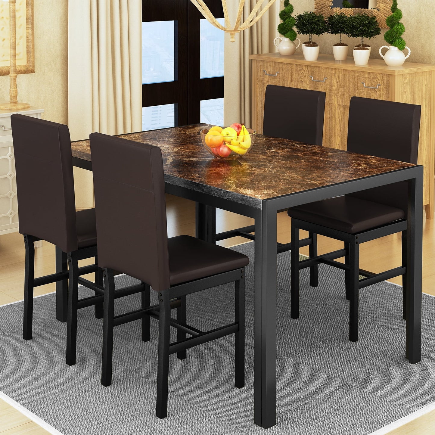 LTTROMAT 5 Piece Dining Table Set, Modern Faux Marble Tabletop and 4 PU Leather Upholstered Chairs, Small Dining Set for Bar Dining Room Breakfast Nook, Brown