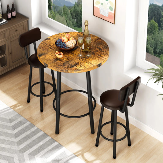 LTTROMAT 3 Pieces Bar Table Set, Bistro Kitchen Table Sets with 2 PU Leather Bar Stools, Wood Pub Bar Table Set for Breakfast Nook Small Space Restaurant, Round Table