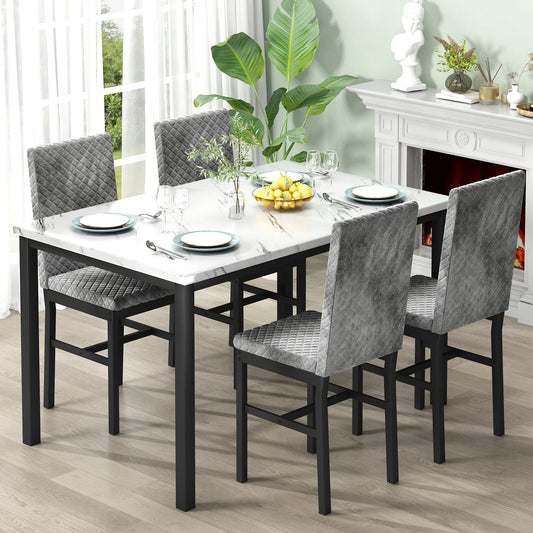 LTTROMAT 5 Piece Dining Table Set, Kitchen Table and Chairs Set for 4 with Faux Marble and 4 Velvet Upholstered Dining Chairs for Home, Restaurant, White & Grey