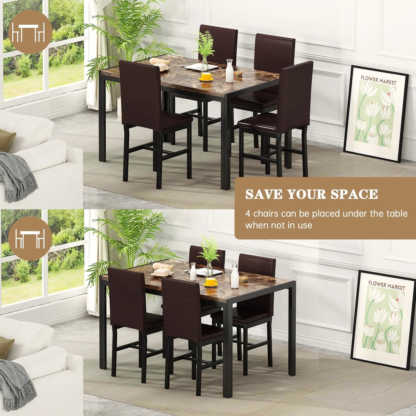 LTTROMAT 5 Piece Dining Table Set, Modern Faux Marble Tabletop and 4 PU Leather Upholstered Chairs, Small Dining Set for Bar Dining Room Breakfast Nook, Brown
